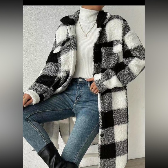 Plaid Pattern Teddy Coat, Casual Button Front Long Sleeve Outerwear, - Picture 2 of 5